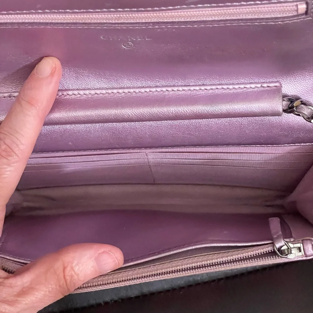 Chanel patent leather pink wallet on chain bag